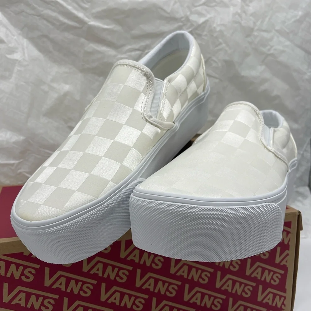 Vans Classic Slip-On Stackform Satin Checkerboard White VN000CN1CJ7 Platform